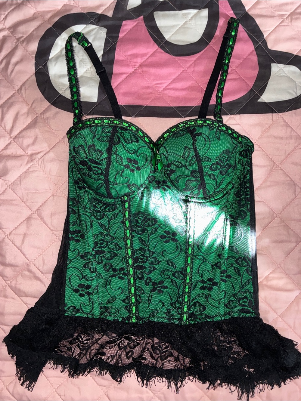 Green Lace Bustier Top with Black Trim